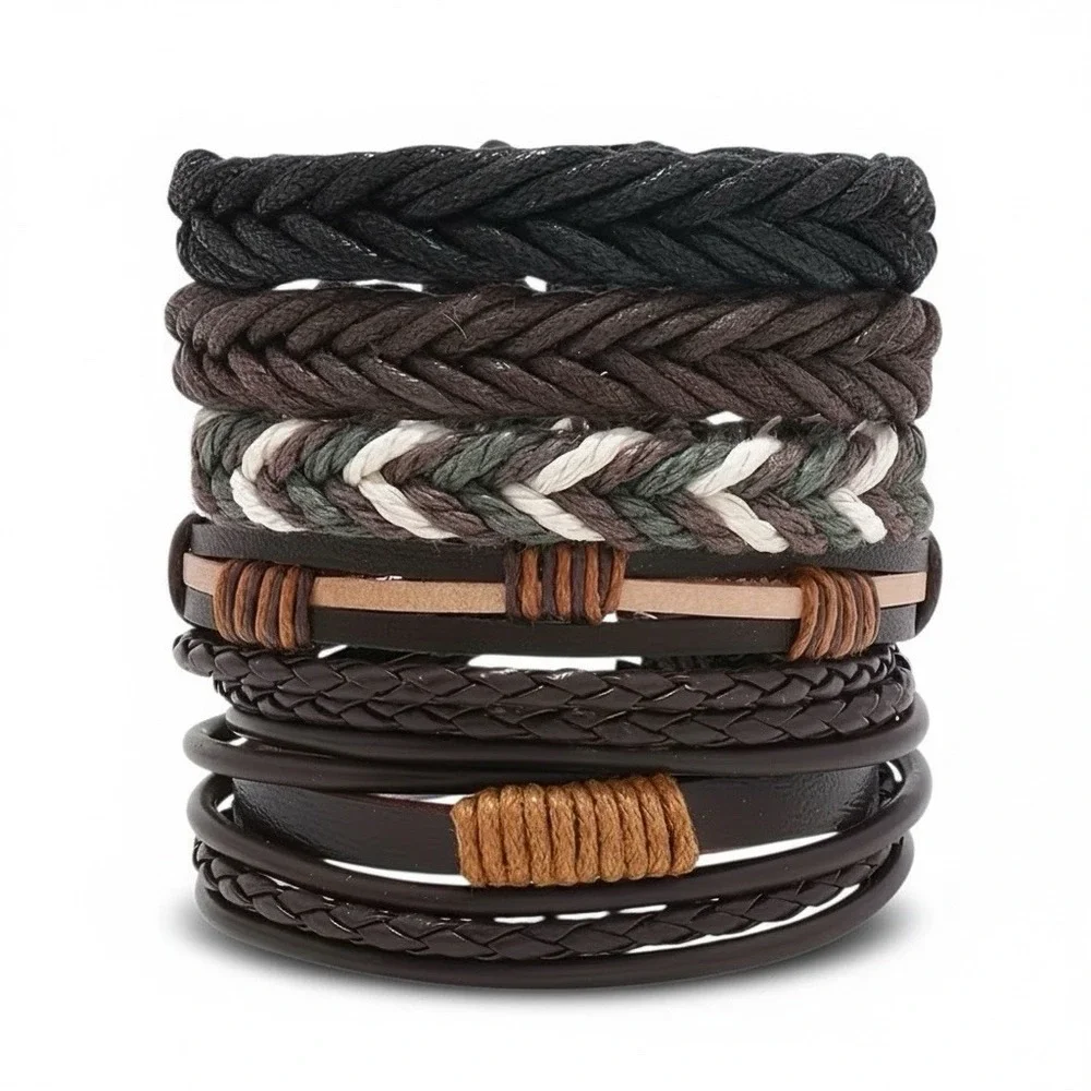 NWT Mens 8 Piece Bracelet Set Braided Cord Leather Look Brown Black Boho Surfer